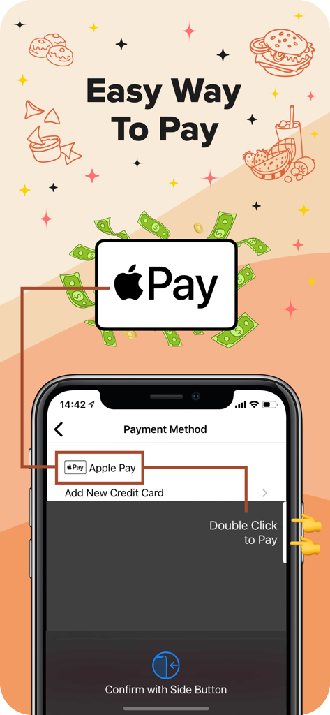 We Deliver! - Screenshot der We Deliver App, die Apple Pay als sichere Zahlungsmethode für Essenslieferbestellungen zeigt.