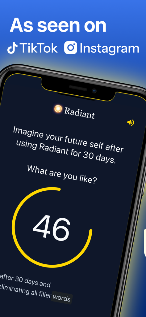 Radiant: Speaking Challenges - A smartphone display showing the Radiant app with social media logos for TikTok and Instagram above a 30 day speaking challenge screen