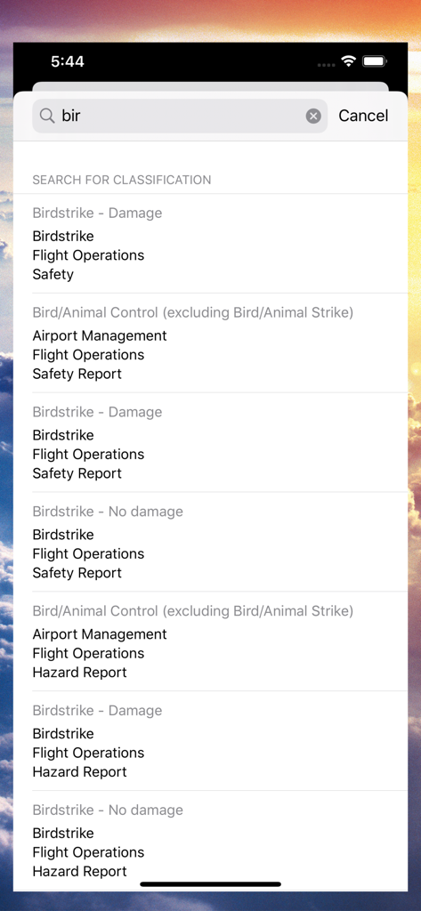 IQSMS Reporting B - Search interface for classifying aviation safety and hazard reports showing birdstrike options