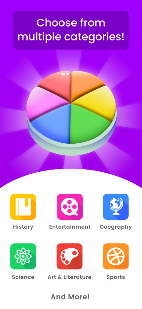 Quizit - Trivia and Knowledge - Category selection screen in the Quizit app showing icons for History Entertainment Geography Science Art and Sports.
