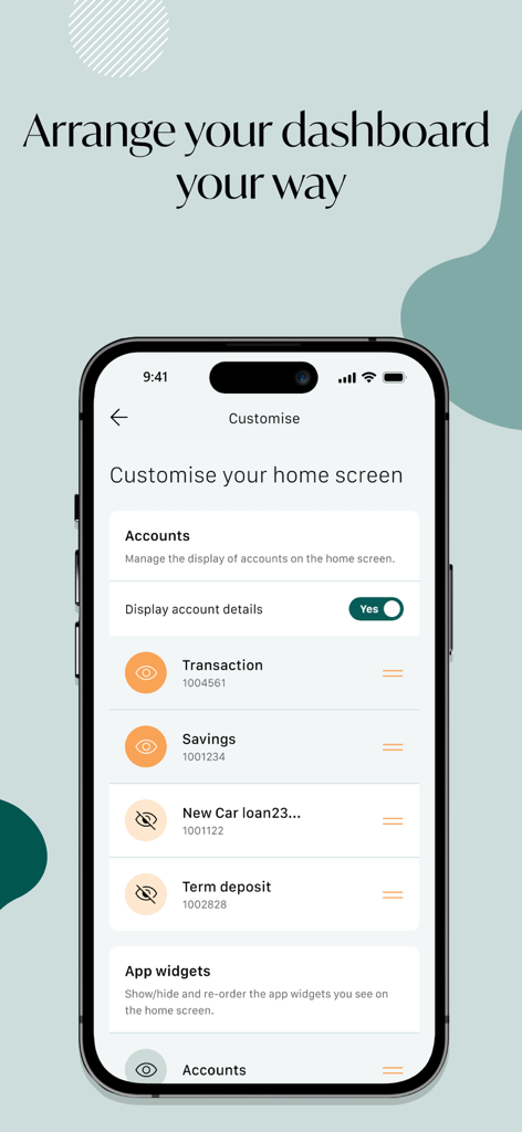 GMCU Mobile Banking - GMCU Mobile Banking app screen for customizing the dashboard and home screen layout of accounts and widgets