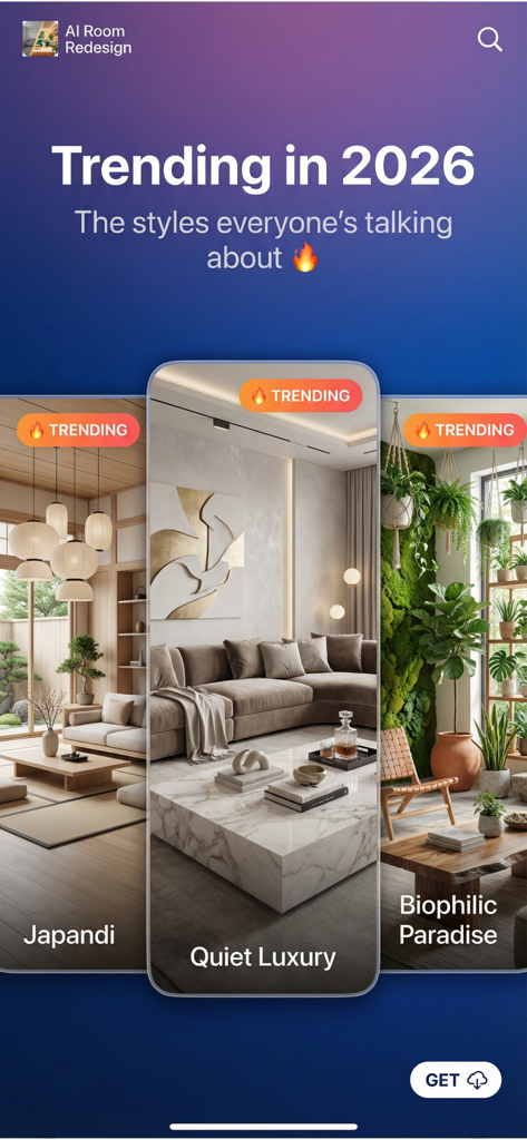 AI Room Design: Home Redesign - Interfaz de la aplicación AI Room Redesign mostrando estilos de diseño de interiores de tendencia para 2026, incluyendo Japandi Quiet Luxury y Biophilic Paradise