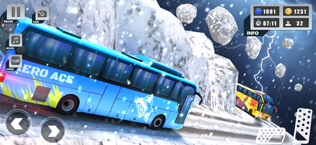 Coach Bus Simulator Game 2023 - Un autobús azul conduciendo por una carretera de montaña nevada en un juego de simulación