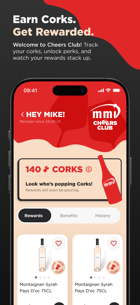 MMI Cheers Club app dashboard showing 140 earned corks and wine rewards available for redemption