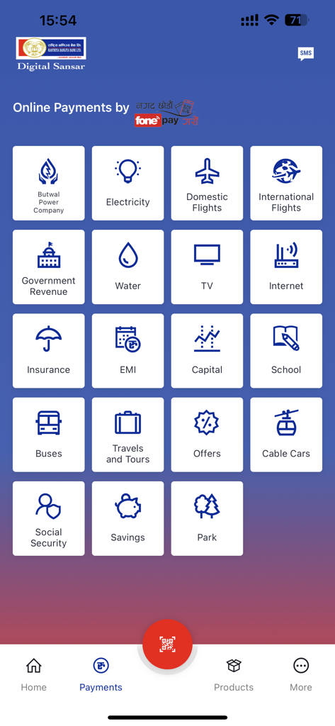 RBB Digital Sansar - RBB Digital Sansar mobile app payments screen showing options for utility bills, flights, internet, and government services.