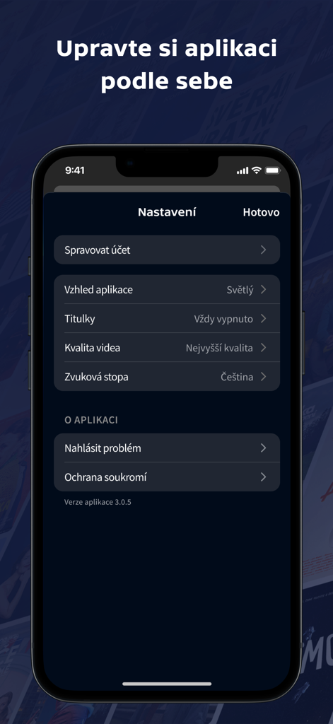 El menú de configuración de la aplicación móvil iVysilani que muestra la gestión de la cuenta y las opciones de calidad de video.