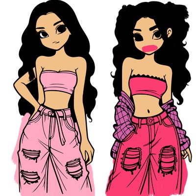 2 girls in crop tops and baggy jeans ripped