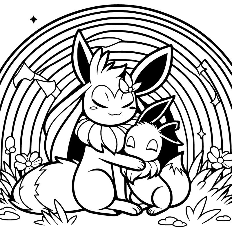 sylveon hugging eevee in front of a rainbow the pokémon