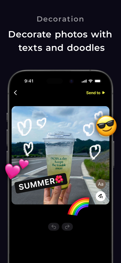 TapNow. Friends on homescreen. - Uma tela de celular mostrando o recurso do aplicativo TapNow para decorar fotos com texto e rabiscos antes de compartilhar.