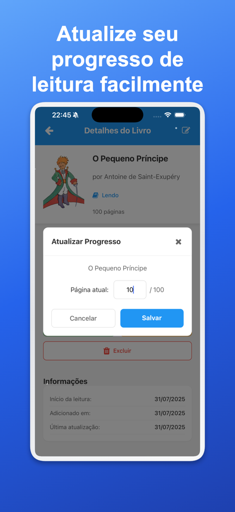 My Readings - Interfaz de la app Mis Lecturas que muestra una ventana emergente para actualizar la página actual y rastrear el progreso de lectura de un libro