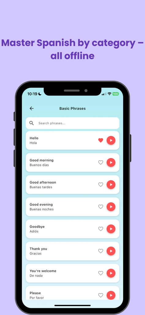 Spanish Phrasebook - スペイン語会話帳アプリのインターフェース。音声再生オプション付きの基本フレーズが表示されています