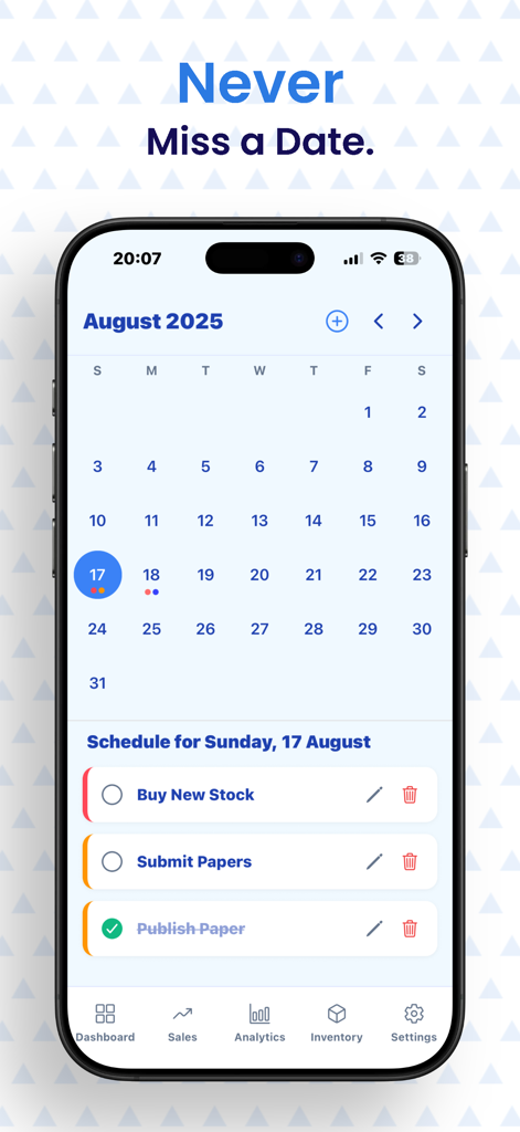 Trackly : Business Tracker - Business calendar and task list interface in Trackly app showing scheduled activities for a small business owner.
