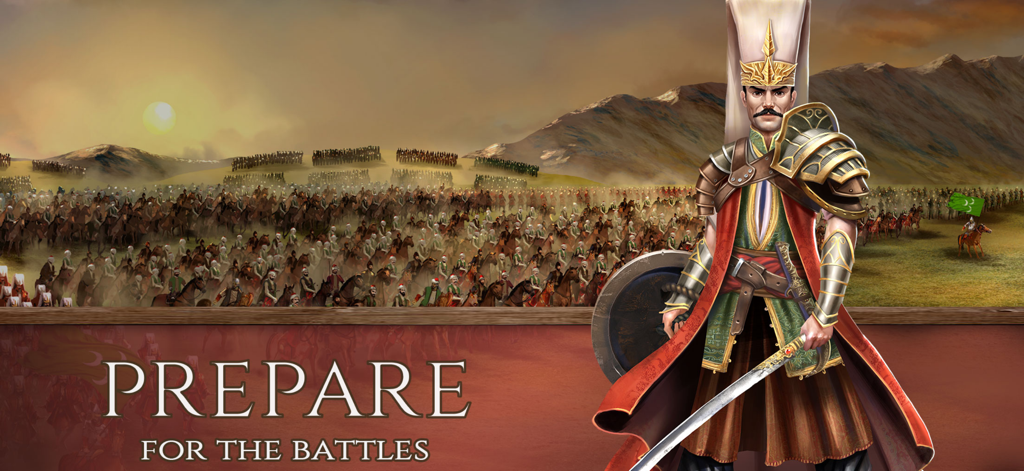 An Ottoman commander in traditional armor standing before a vast cavalry army with text saying Prepare for the Battles
