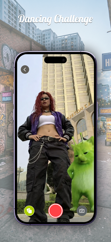 Green Alien Cat Dance Filter - A person using the Green Alien Cat Dance Filter for an AR dancing challenge.