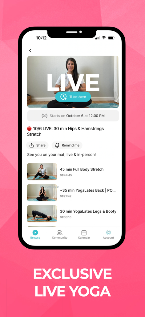 SarahBethYoga - SarahBethYoga app interface showing exclusive live yoga classes and stretch video listings