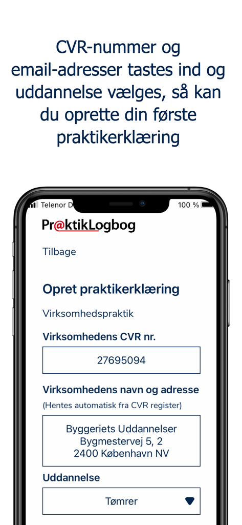 PraktikLogbog - Mobile screen for creating an internship declaration in the PraktikLogbog app including company details and trade selection