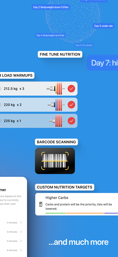 Evolve Training App - Oberfläche der Evolve Training App mit Ernährungs-Tracking, Trainingsprotokollen und Barcode-Scan-Funktion.