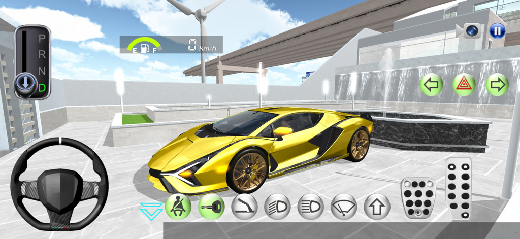 Yellow sports car in a 3D driving simulation environment with realistic on screen controls