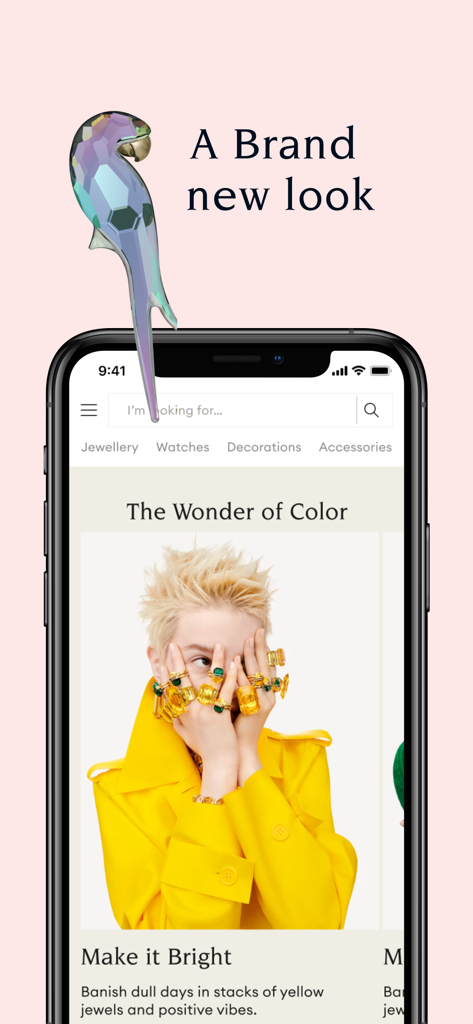 Swarovski KSA, UAE, Kuwait - Wonder of Color 주얼리 컬렉션과 새로운 브랜드 룩을 보여주는 스와로브스키 모바일 앱 홈 화면