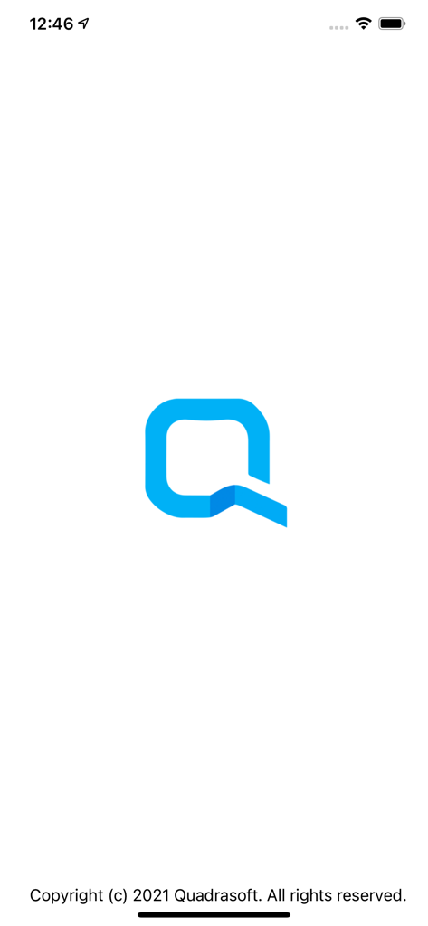 QS CRM Lite - The launch screen of the QS CRM Lite app featuring the blue Quadrasoft logo on a white background