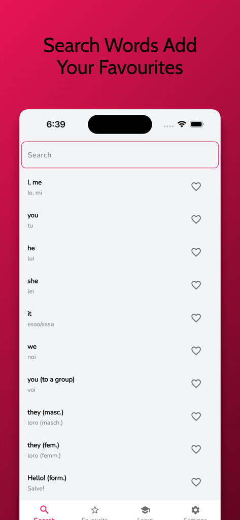 Italian learning app search interface to find and favorite vocabulary words