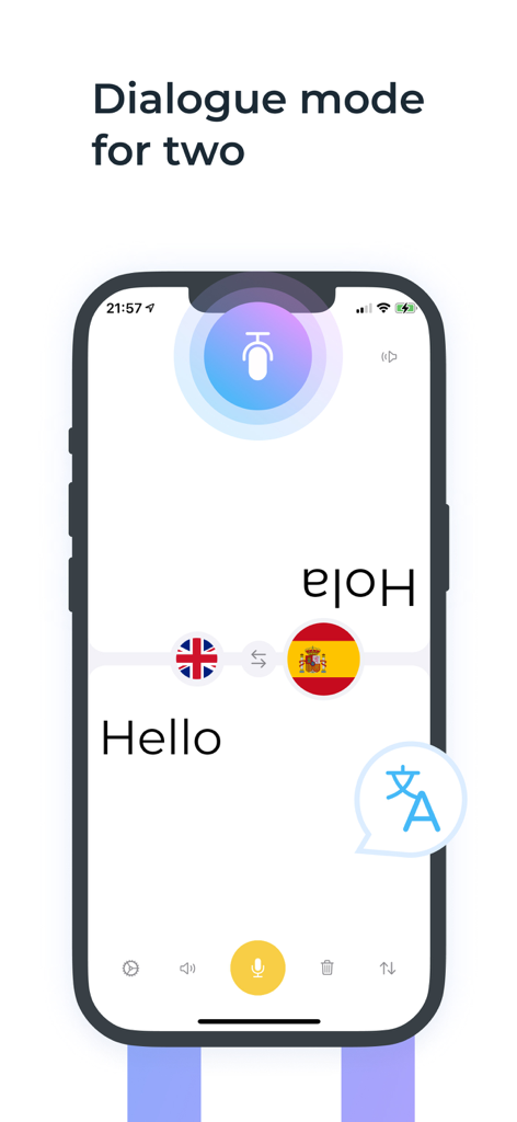 Translate Me - Translator - Translate Me app showing dialogue mode with split inverted screens for English and Spanish face to face translation