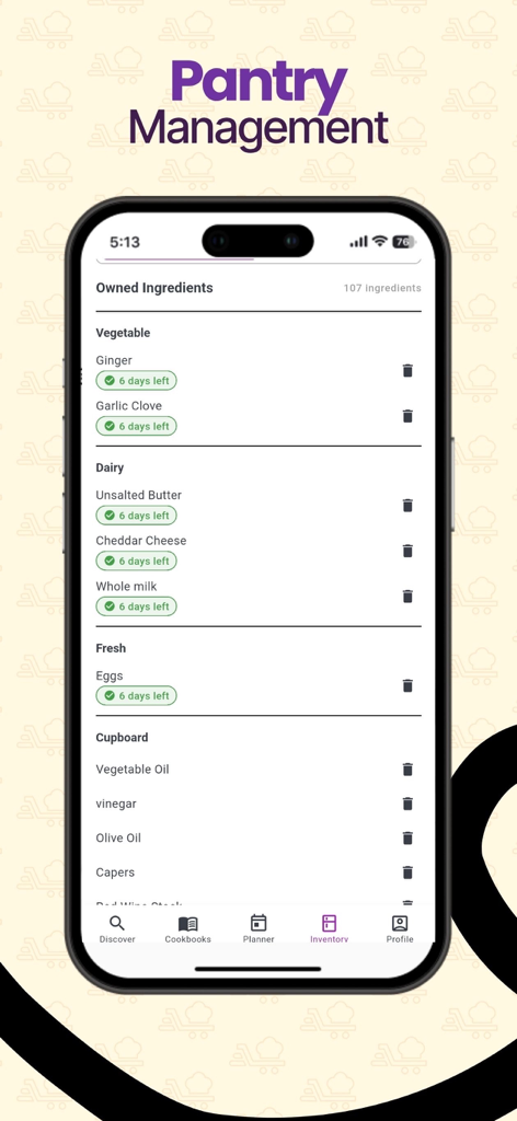 Savvy Chef - The Savvy Chef app pantry management screen displaying owned ingredients and expiration tracking.