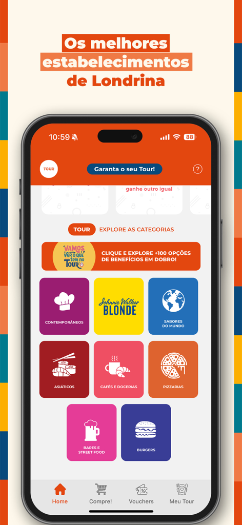Tour Londrina - Tour Londrina mobile app home screen showing food and drink categories for restaurant exploration and local deals.