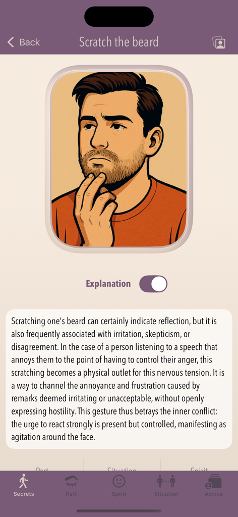Body Secrets - Body Secrets App-Oberfläche, die einen Mann zeigt, der sich am Bart kratzt, mit einer Erklärung der Geste.