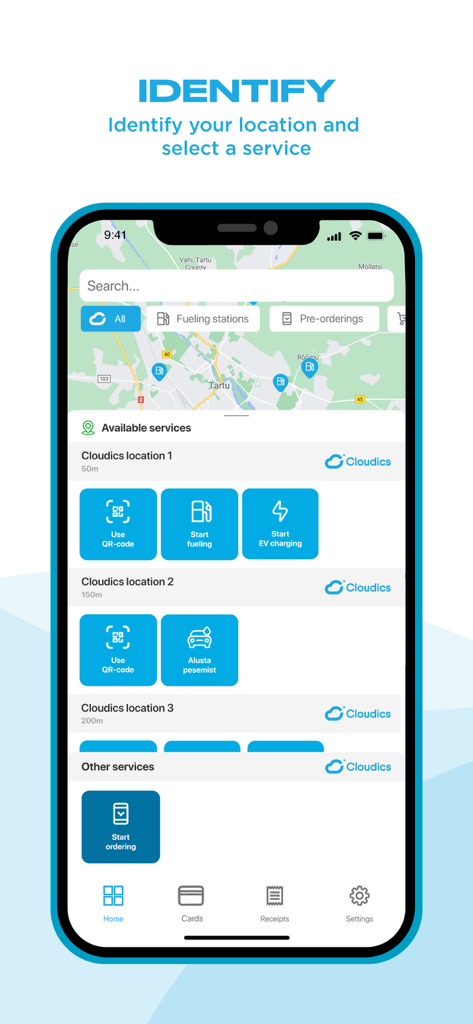 Cloudics - Cloudicsアプリのインターフェース、地図と近くの場所での給油またはEV充電開始オプションを表示