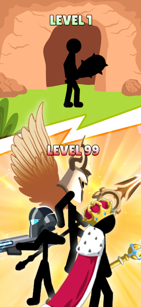 A comparison showing a level 1 primitive stickman caveman and level 99 advanced stickman warriors