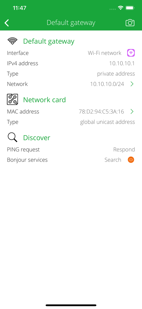 DLNA Browser - DLNA Browser app screen showing default gateway IPv4 and network card MAC address details.