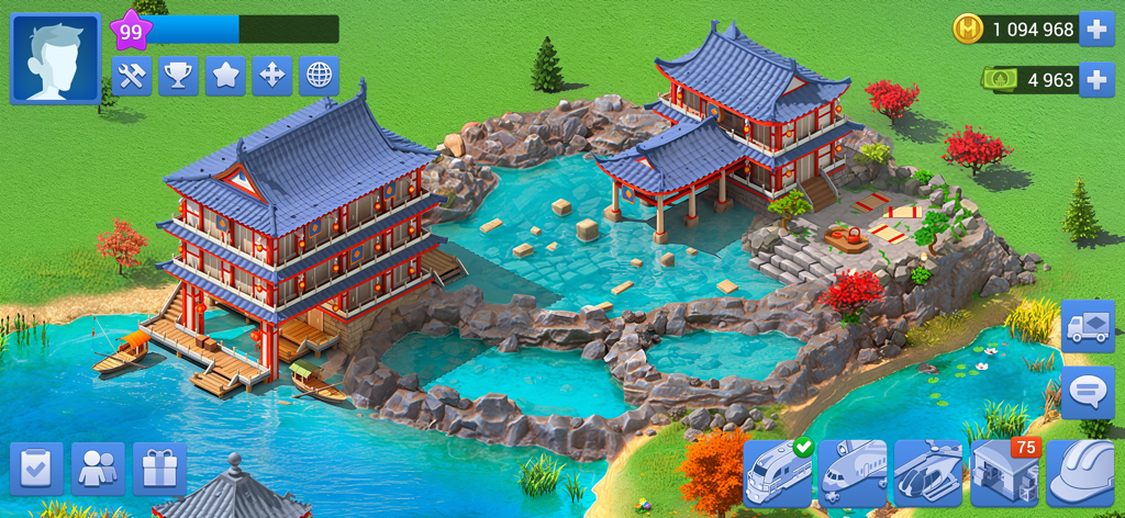 Screenshot di gioco di Megapolis che mostra edifici asiatici tradizionali e un paesaggio lacustre pittoresco