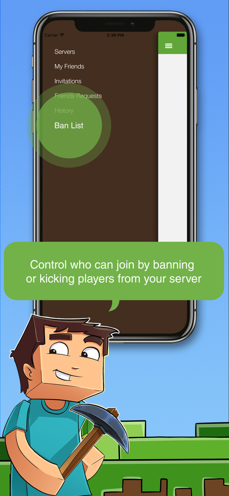 Interface of the Multiplayer for Minecraft PE app showing server management options and the ban list feature for hosts
