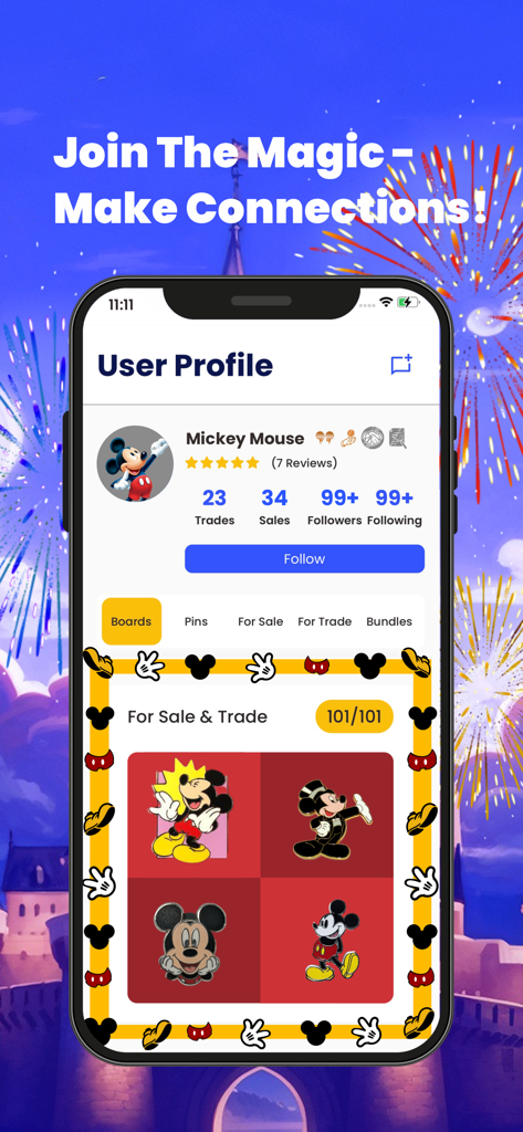 A user profile in the MagicPin app displaying a digital collection of Mickey Mouse pins for trading and selling