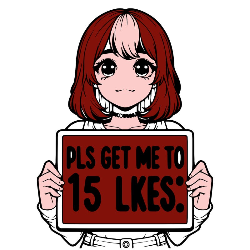 realistic girl holding up a sign that says “pls get me to 15 likes!”