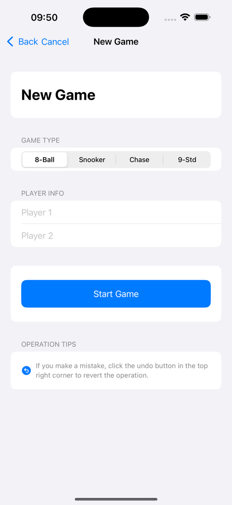 BiliScore Plus - Pantalla de configuración de nueva partida en BiliScore Plus mostrando la selección del modo de juego y los campos de entrada de nombres de jugadores.