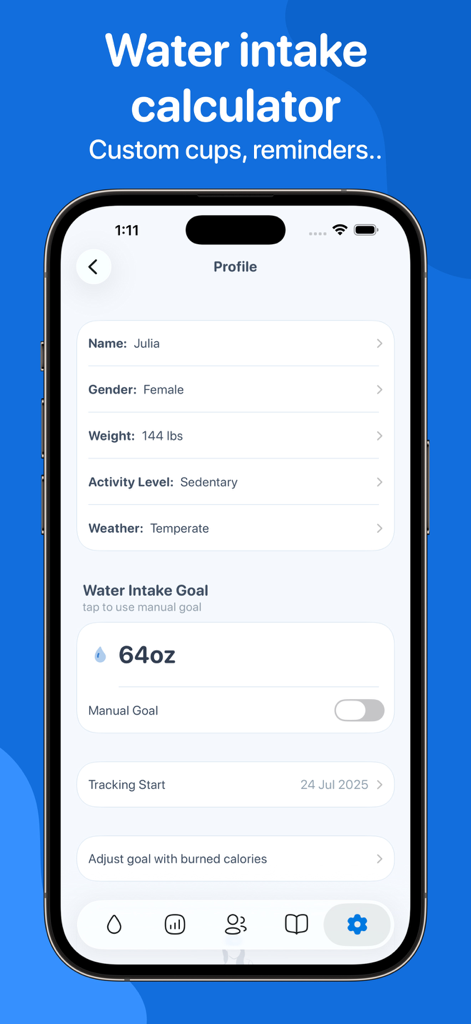 Water Tracker by WaterMinder® - WaterMinderアプリのプロフィール画面。ユーザーの水分補給目標設定を表示