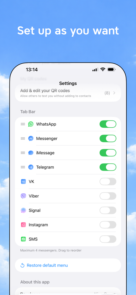 QuickChat: communicate faster - QuickChat app settings screen showing customization options for the messaging tab bar