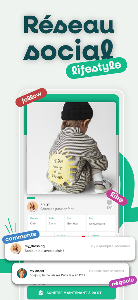 Dabchy - Dabchyアプリのインターフェイス。子供服の販売リストや、フォロー、いいね、コメントなどのインタラクティブなソーシャル機能が表示されたソーシャルショッピングフィードを表示しています。