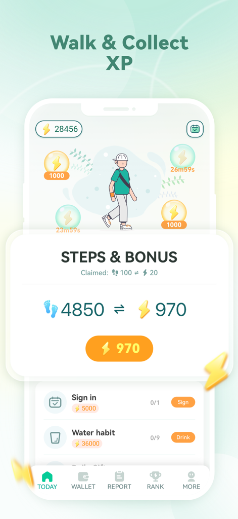 WalkBoost mobile app interface displaying step tracking and Energy XP collection.