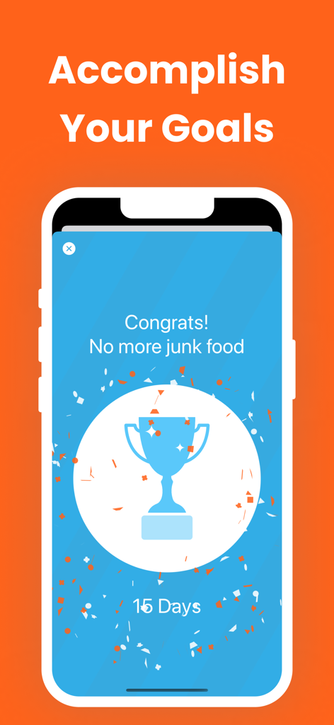 Day Counter & Tracker - Since - ジャンクフードをやめるための15日間のマイルストーン達成、トロフィーアイコンと紙吹雪が表示されたモバイルアプリ画面。