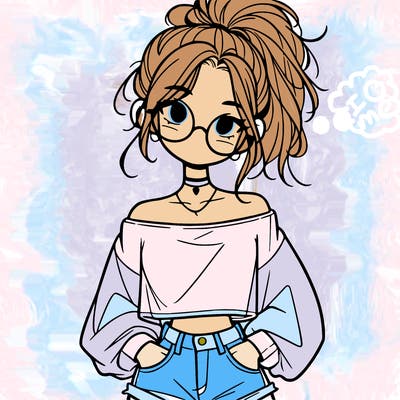 girl with a messy ponytail glasses a baggy crop top and jean shorts