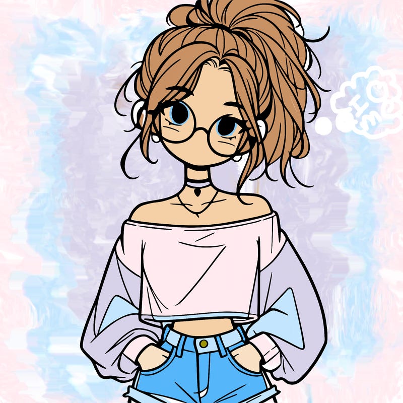 girl with a messy ponytail glasses a baggy crop top and jean shorts