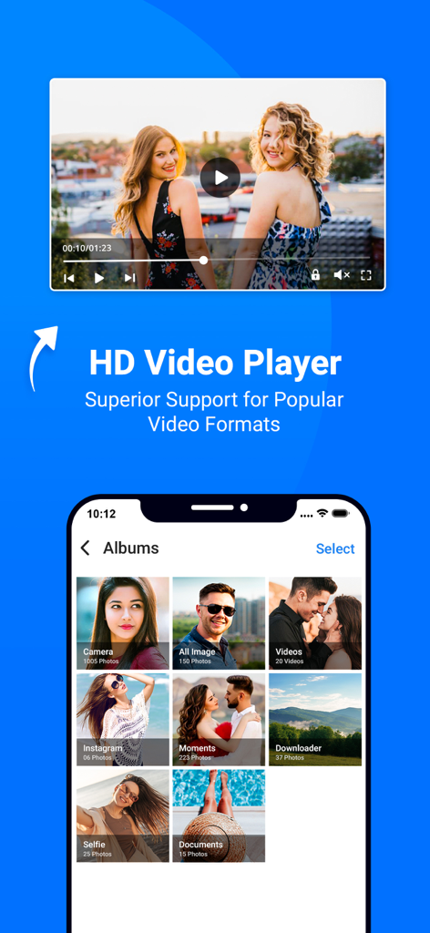 Interfaz de la aplicación My Files mostrando un reproductor de video HD y álbumes multimedia organizados