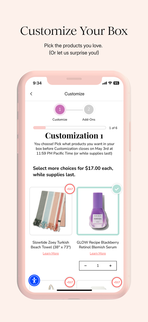 FabFitFun - Beauty, Fashion - Interface of the FabFitFun app showing the box customization process with options for beach towels and beauty serums.