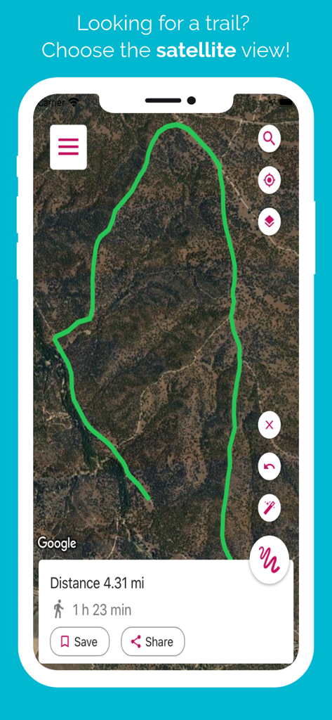 Just Draw It! Route planner - Satellite map view in Just Draw It app showing a drawn hiking route and travel time.