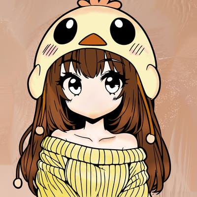 anime girl with chick shaped hat with sweater with bare shoulders with bangs covering them one eye with low tail