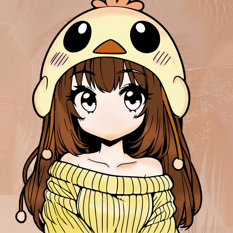 anime girl with chick shaped hat with sweater with bare shoulders with bangs covering them one eye with low tail