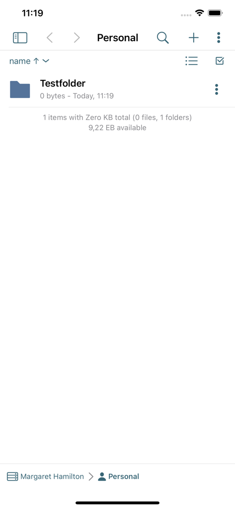 Interface de l'application mobile OpenCloud montrant une liste de dossiers personnels avec une entrée de dossier de test